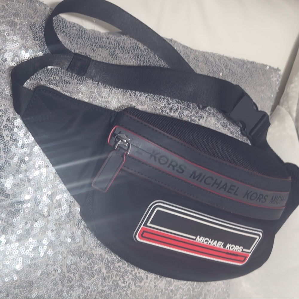Michael Kors Black Belt Bag with Red Accents